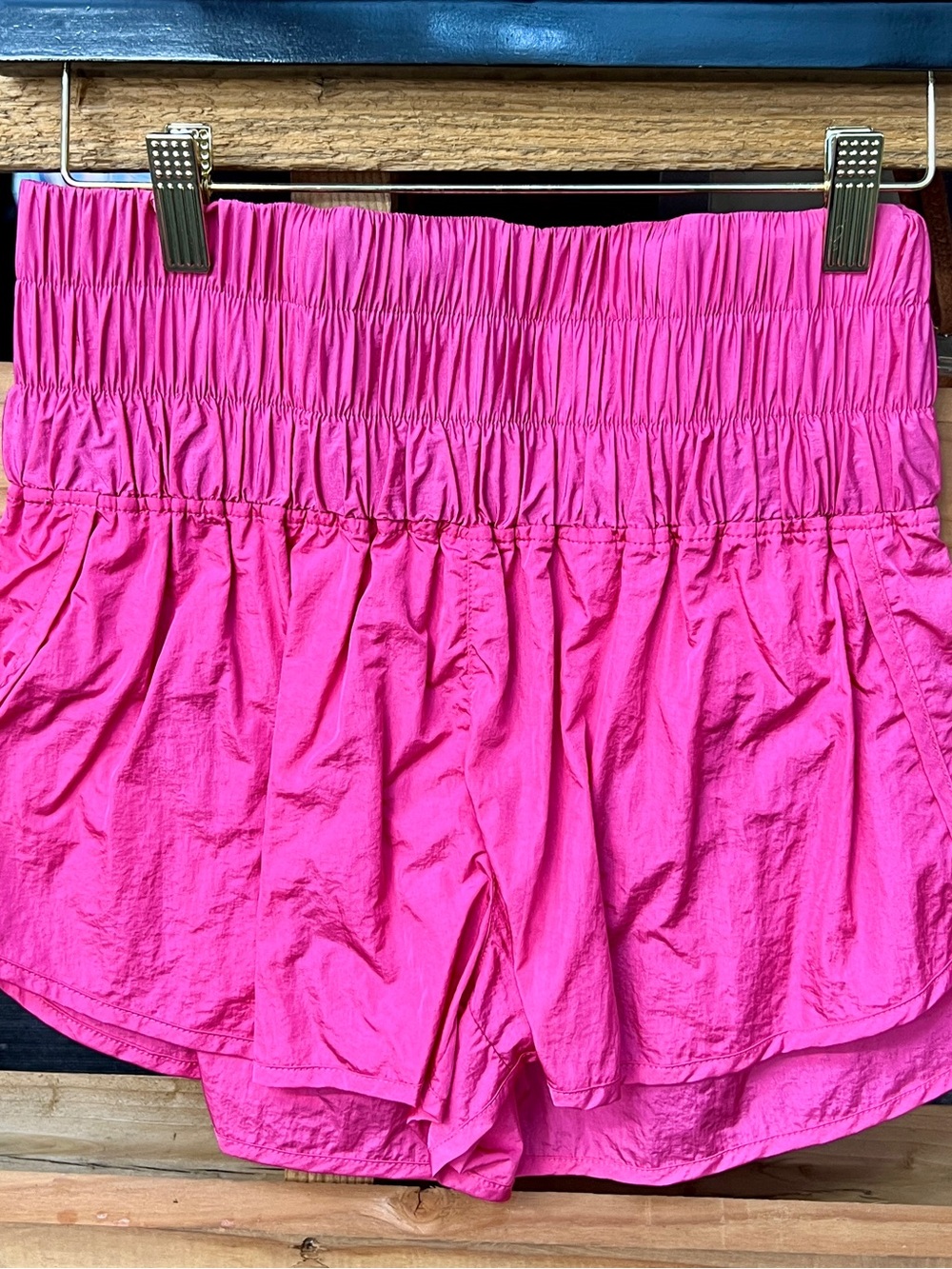 Smocked High-Waist Athletic Shorts in Hot Pink